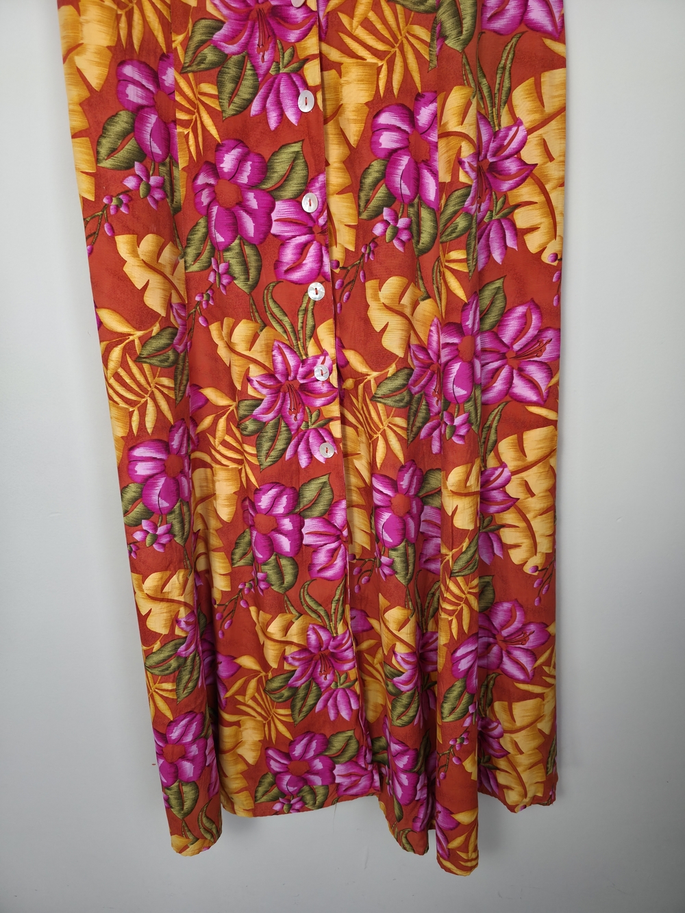 Vintage 90s Floral Rayon Dress Button Front Midi Tropical Size 10 - Picture 5 of 11